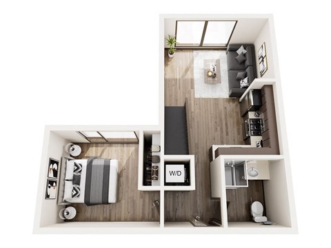 a stylized floor plan with a bedroom and a living room